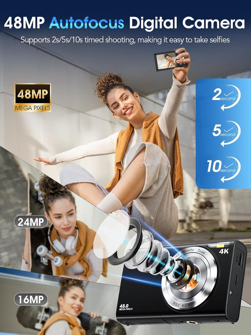 Lecnippy Digital Camera,Autofocus 4K Vlogging Camera for Photography with 32GB Card,48MP Portable Compact Point and Shoot Digital Camera for Teens Adult Beginner with 16X Zoom,Anti-Shake,2 Batteries(Black) - Image 2
